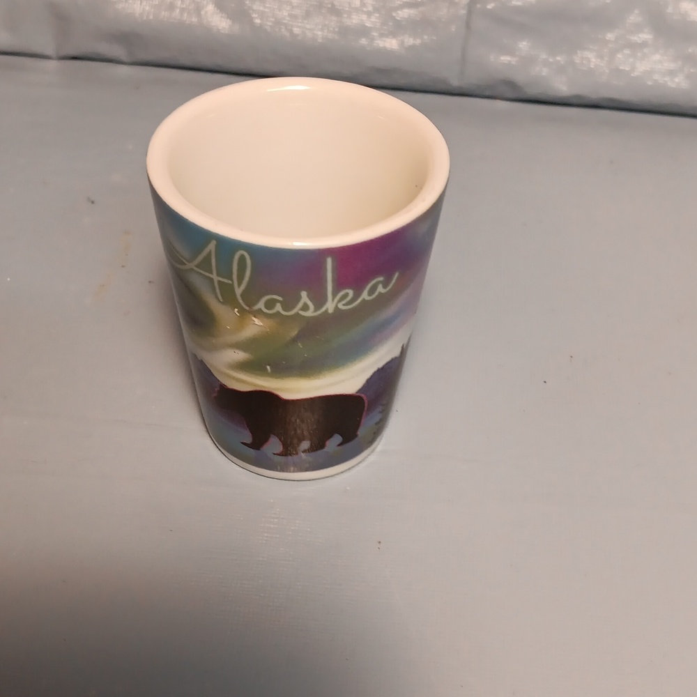 Alaska Souvenir Milk Glass Shot Glass Grizzly Bear Mountains